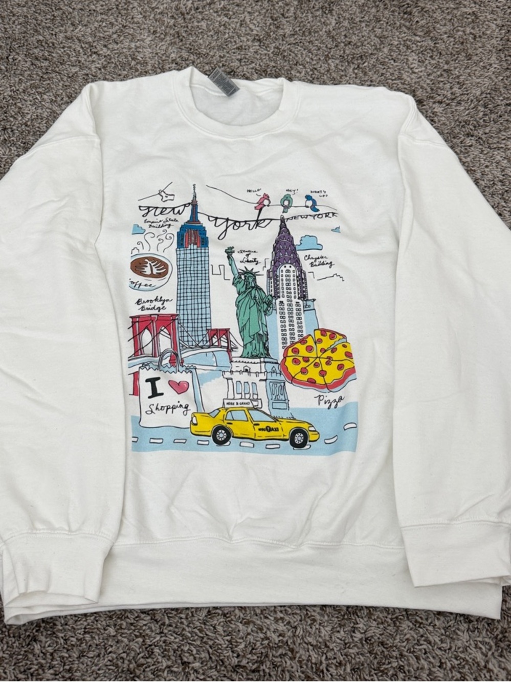 White Crewneck Sweater with Colorful New York City Graphic